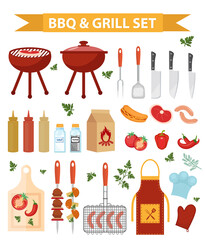 Barbecue and grill icons set, flat or cartoon style. BBQ collection of objects, elements of design. Isolated on white background. Vector illustration - obrazy, fototapety, plakaty