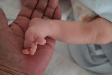 赤ちゃんの足と大人の手　生後14日