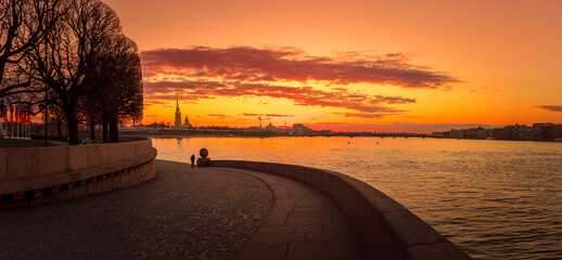 Spit of Vasilyevsky Island. View of the Peter and Paul Fortress. St. Petersburg. Neva River. Sunrise.