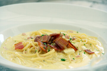 Spaghetti Carbonara / A dish of Spaghetti Carbonara