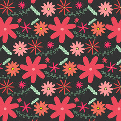 Vector floral pattern in doodle style with flowers and leaves. Gentle, spring floral background.