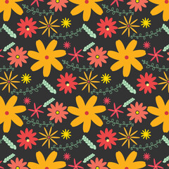 Vector floral pattern in doodle style with flowers and leaves. Gentle, spring floral background.