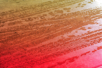 focus on wheel trail on the ground, cement floor