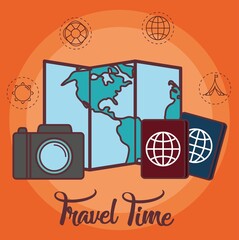 map with travel related icons over orange background. colorful design. vector illustration
