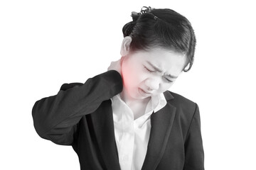 Acute pain and sore throat symptom in a businesswoman isolated on white background. Clipping path on white background.