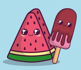kawaii watermelon and ice cream over blue background. colorful design. vector illustration