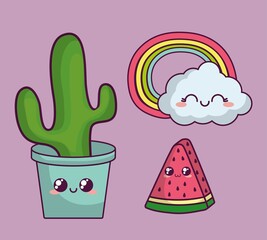 kawaii cactus in a pot, watermelon and cloud icon over purple background. colorful design. vector illustration