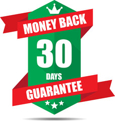 30 days money back guarantee Promotional Sale Green Sign, Seal Graphic With Red Ribbons. A Specified Period Of Time.