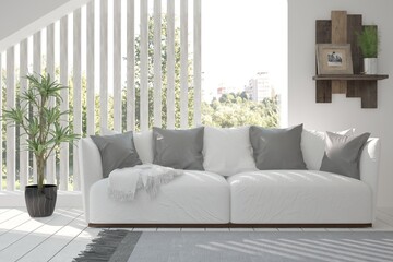 White room with sofa and green landscape in window. Scandinavian interior design. 3D illustration
