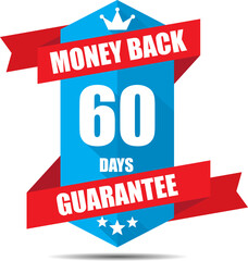 60 days money back guarantee Promotional Sale Blue Sign, Seal Graphic With Red Ribbons. A Specified Period Of Time.