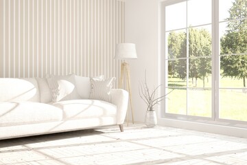 White room with sofa and green landscape in window. Scandinavian interior design. 3D illustration