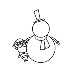 christmas snowman and elf funny celebration, outline style vector illustration
