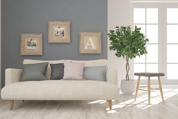 White modern room with sofa. Scandinavian interior design. 3D illustration