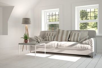 White room with sofa and green landscape in window. Scandinavian interior design. 3D illustration