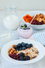 Healthy breakfast concept. Homemade granola (muesli) with blackberry, dry cranberry, blueberry, almond, milk, yogurt in a jar, nuts and dry fruits, sour cream on a white background.