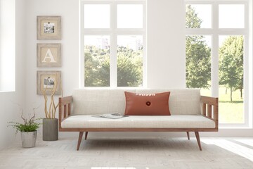 White room with sofa and green landscape in window. Scandinavian interior design. 3D illustration