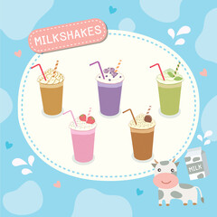 Milkshakes various flavor menu board with cartoon cow and milk box.