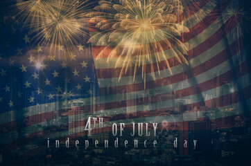 Multicolor Fireworks Celebrate over the United state of America USA flag background, Independence...