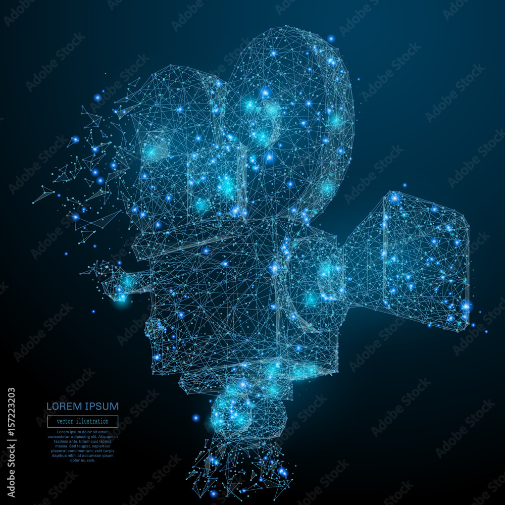 Poster polygonal movie camera. video concept. vector cinema mesh spheres from flying debris. thin line conc