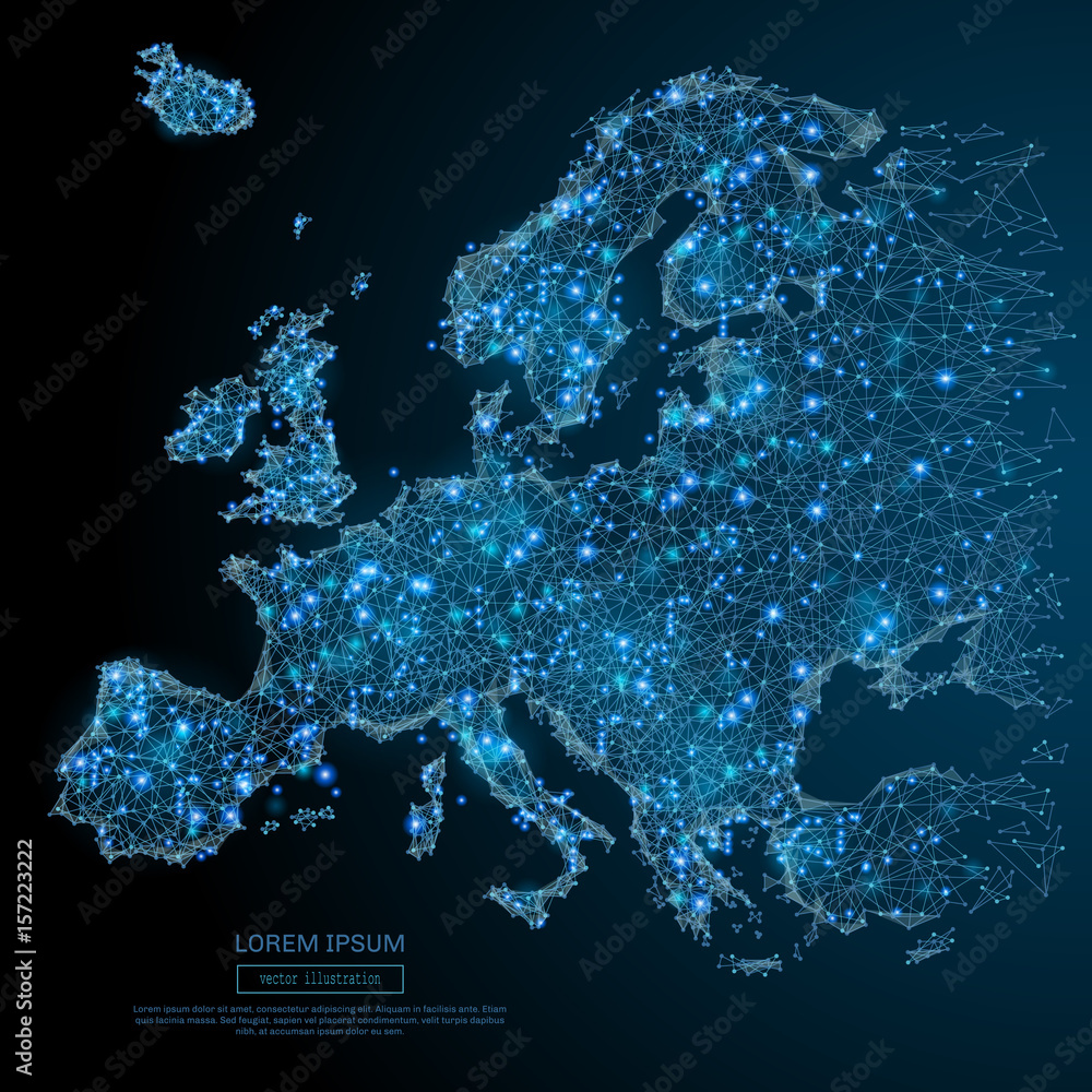 Aufkleber polygonal europe map. world concept. vector map mesh spheres from flying debris. thin line concept. 