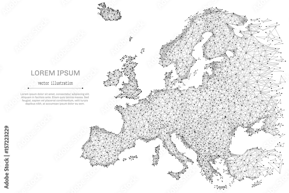 Poster abstract mash line and point europe map on white background with an inscription. starry sky or space