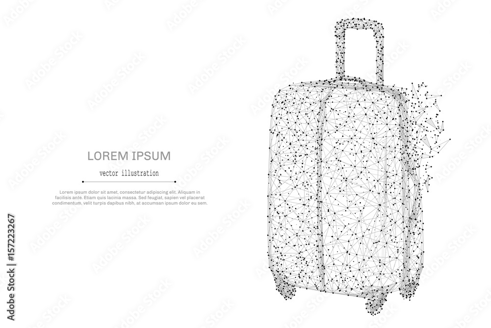 Poster abstract mash line and point suitcase for travel on white background with an inscription. starry sky