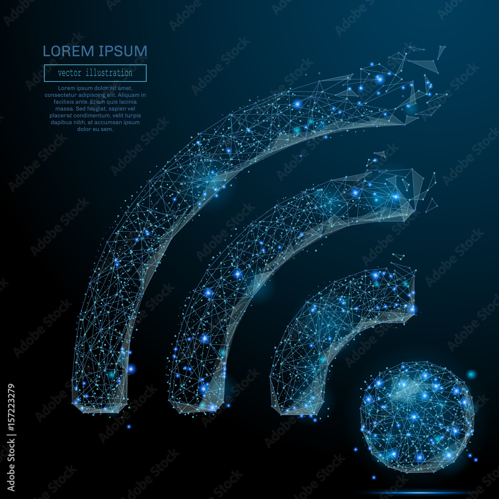 Aufkleber Polygonal wi-fi icon. The Internet concept. Vector technology mesh spheres from flying debris. Thin line concept. Blue structure style illustration