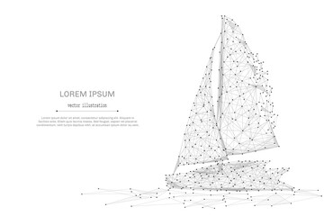 Abstract mash line and point Sailing yacht on white background with an inscription. Starry sky or space, consisting of stars and the universe. Vector Sailboat business illustration