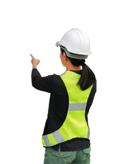 female construction worker pointing isolated on white background.