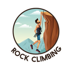 color circular frame with scene landscape man hanging on the cliff rock climbing vector illustration