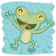 cartoon frog happy when raining.