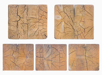 Set of isolated cracked ends of timber, lumber texture