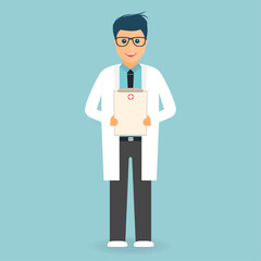 Doctor with medical clipboard in hands. Handsome young doctor in glasses. Medical staff concept