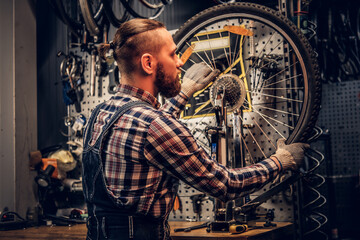 Fototapeta na wymiar Mechanic doing bicycle wheel service manual in a workshop.