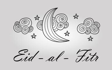 Card with black moon on white for greeting with finishing of fasting month Ramadan, Islamic holiday Eid al-Fitr.