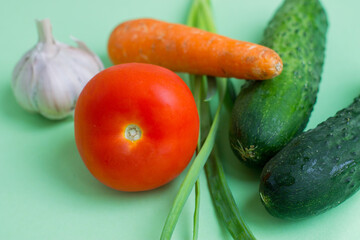 Fresh vegetables on a light green background. Cucumber, tomato, carrot, onion, garlic