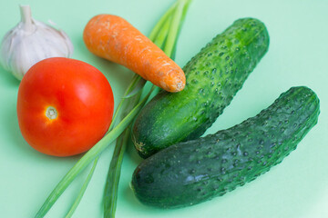 Fresh vegetables on a light green background. Cucumber, tomato, carrot, onion, garlic