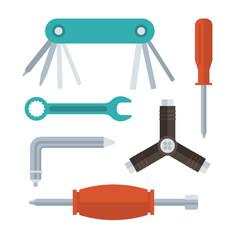 Keys, screwdrivers and wrenches set in flat design. Bike, scooter or skates repair tools. Screw driver, multitool, hex key and spanner.