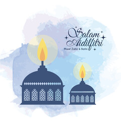 Hari Raya Aidilfitri greeting card template design. Muslim oil lamp (pelita) on blue watercolor background. (caption: Fasting Day of Celebration, I seek forgiveness, physically & spiritually)