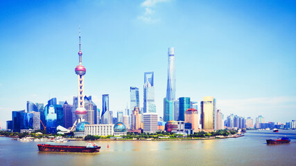 Obraz premium Szanghaj, panoramiczny widok na panoramę Szanghaju i rzekę Huangpu, Szanghaj w Chinach