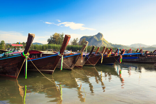 Colorful long tail boats on a tropical island at Krabi Thailand