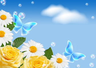 Obraz premium Roses with daisy and butterflies