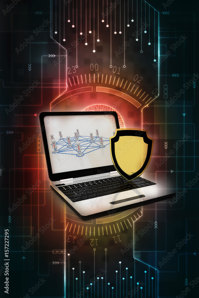 Poster 3d rendering laptop with shield
