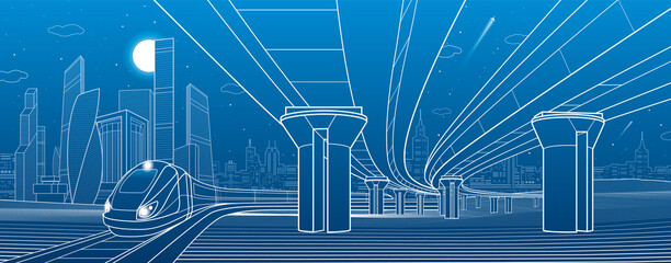 Road overpass. Transportation bridge. Train rides. Towers ans skyscrapers. Urban infrastructure, modern city on background, industrial architecture. White lines illustration, vector design art 