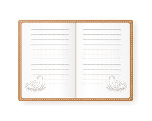 Vector illustration of notebook with hen with eggs. Empty lined paper. The beige cover.