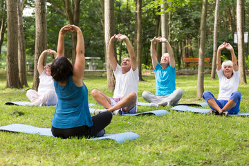Active seniors working out in a park
