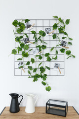 Ivy on trellis, photographs, and decorations
