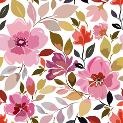 Seamless pattern with bright pink flowers and foliage, floral ornament.