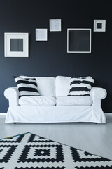 Sofa, rug, and frames