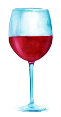 Watercolor drawing of glass of red wine on white